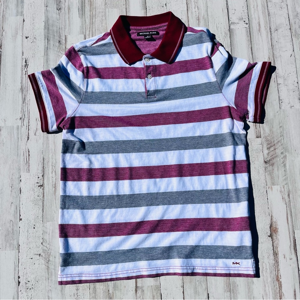 Michael Kors Shirt Mens Medium Lit Red, White, Gray Stripe Polo Short Sleeve